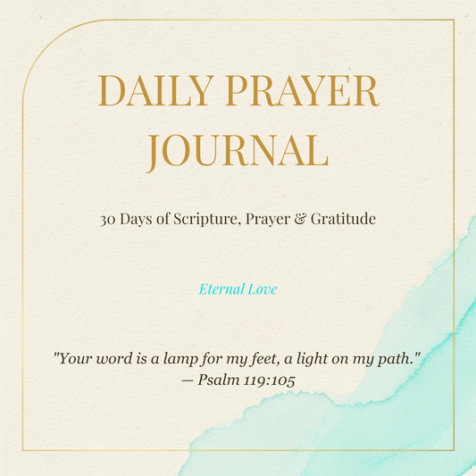 Daily Prayer Journal 30 Days cover - cream background with gold title, turquoise watercolor accent, and scripture verse Psalm 119:105
