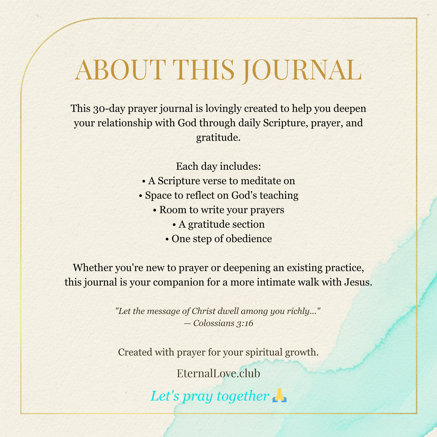 Daily Prayer Journal back cover - about this journal description with Eternal Love branding and prayer invitation
