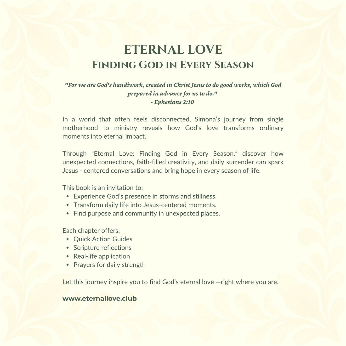 Back cover blurb for Eternal Love: Finding God in Every Season with book description and scripture on a cream background