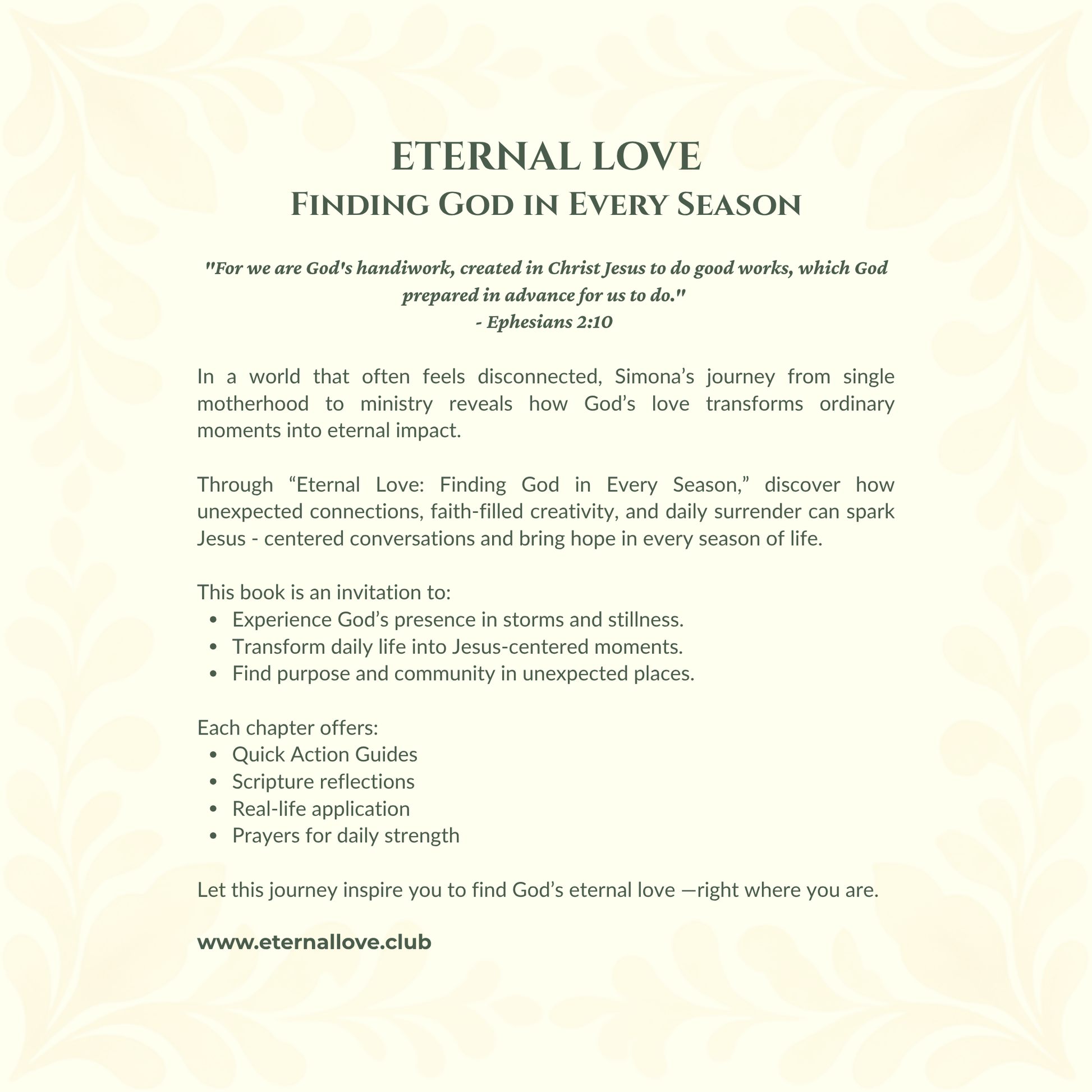Back cover blurb for Eternal Love: Finding God in Every Season with book description and scripture on a cream background