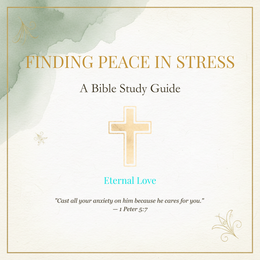 Finding Peace in Stress Bible study guide cover with sage watercolor accent, gold title, and 1 Peter 5:7
