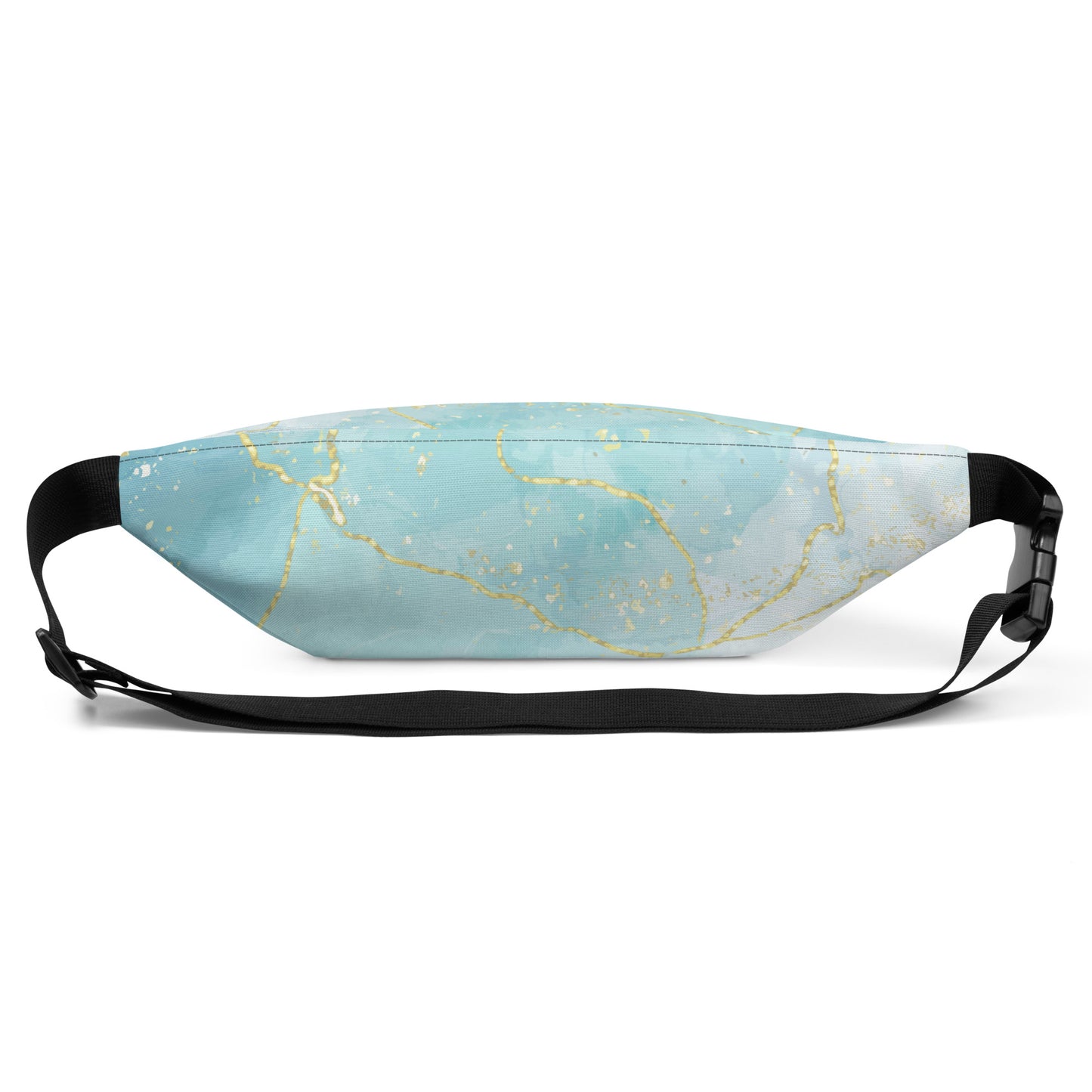 Back view of the Living Waters belt bag with adjustable strap, turquoise and gold design