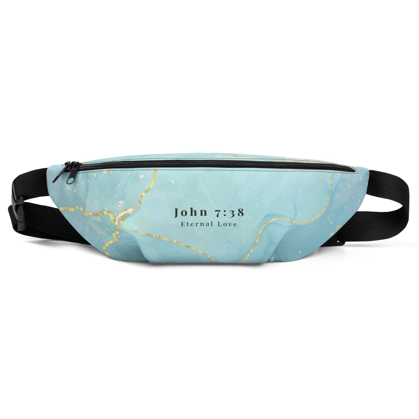 Living Waters belt bag with turquoise and gold design, John 7:38.
