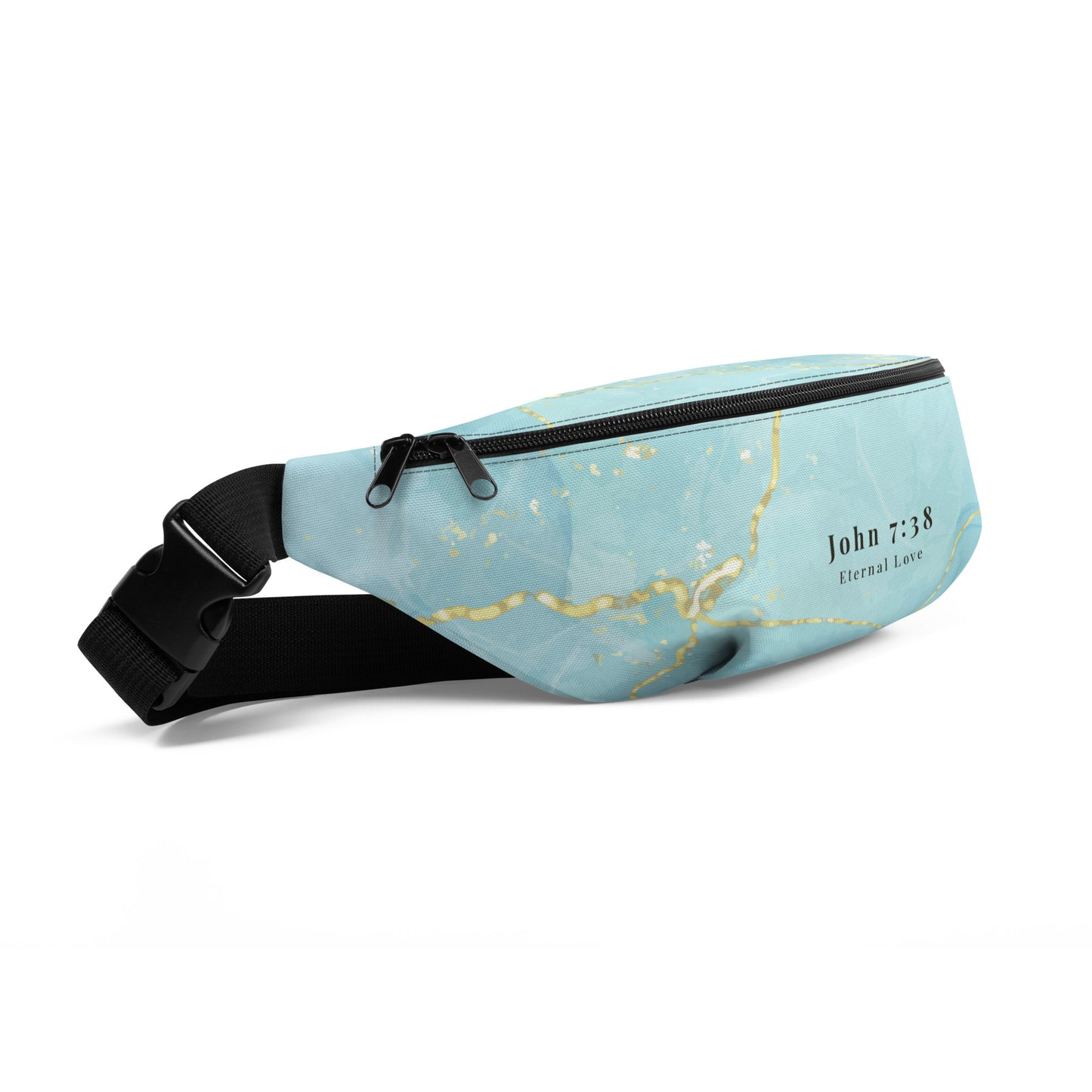 Angled view of the Living Waters belt bag with turquoise and gold design, John 7:38.