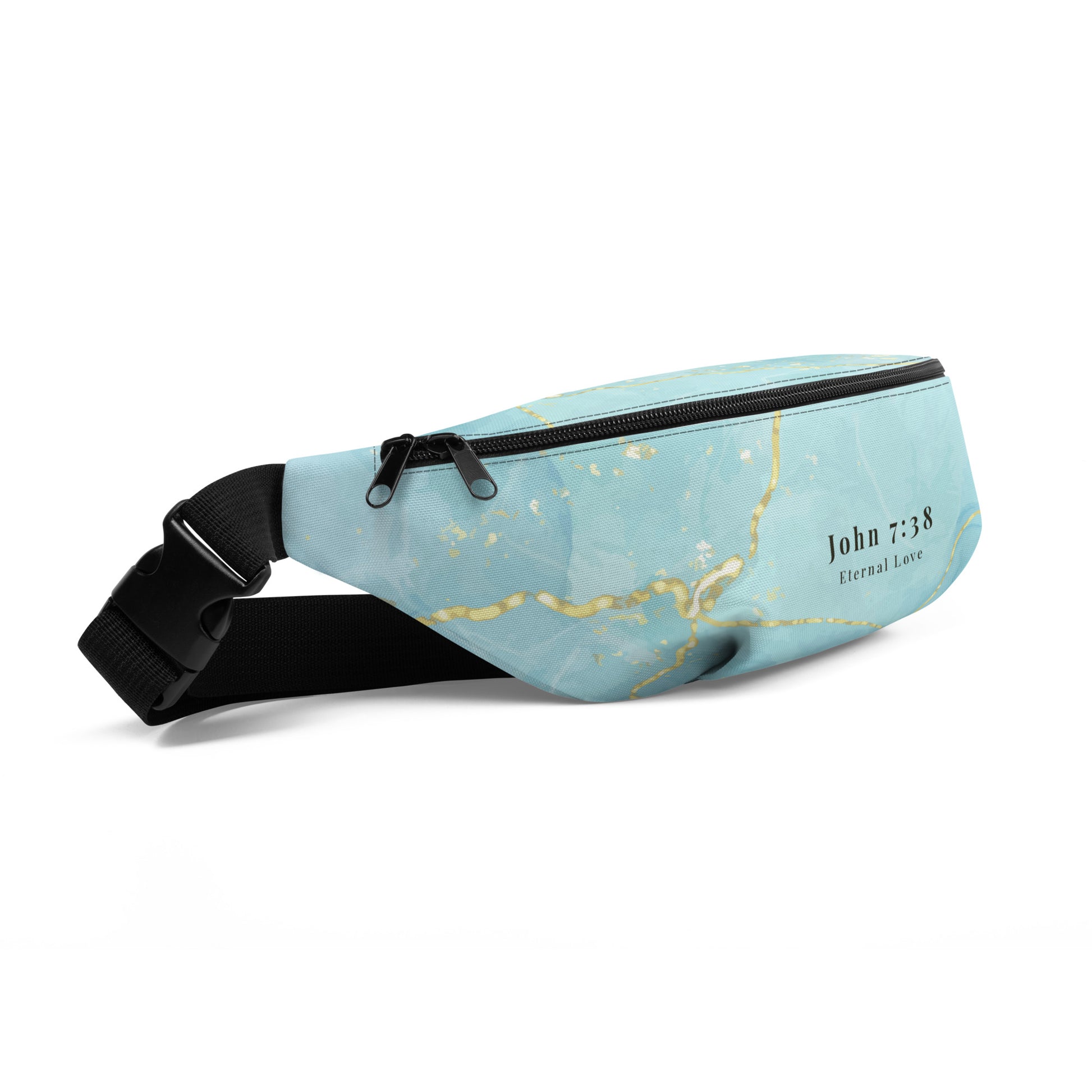 Angled view of the Living Waters belt bag with turquoise and gold design, John 7:38.