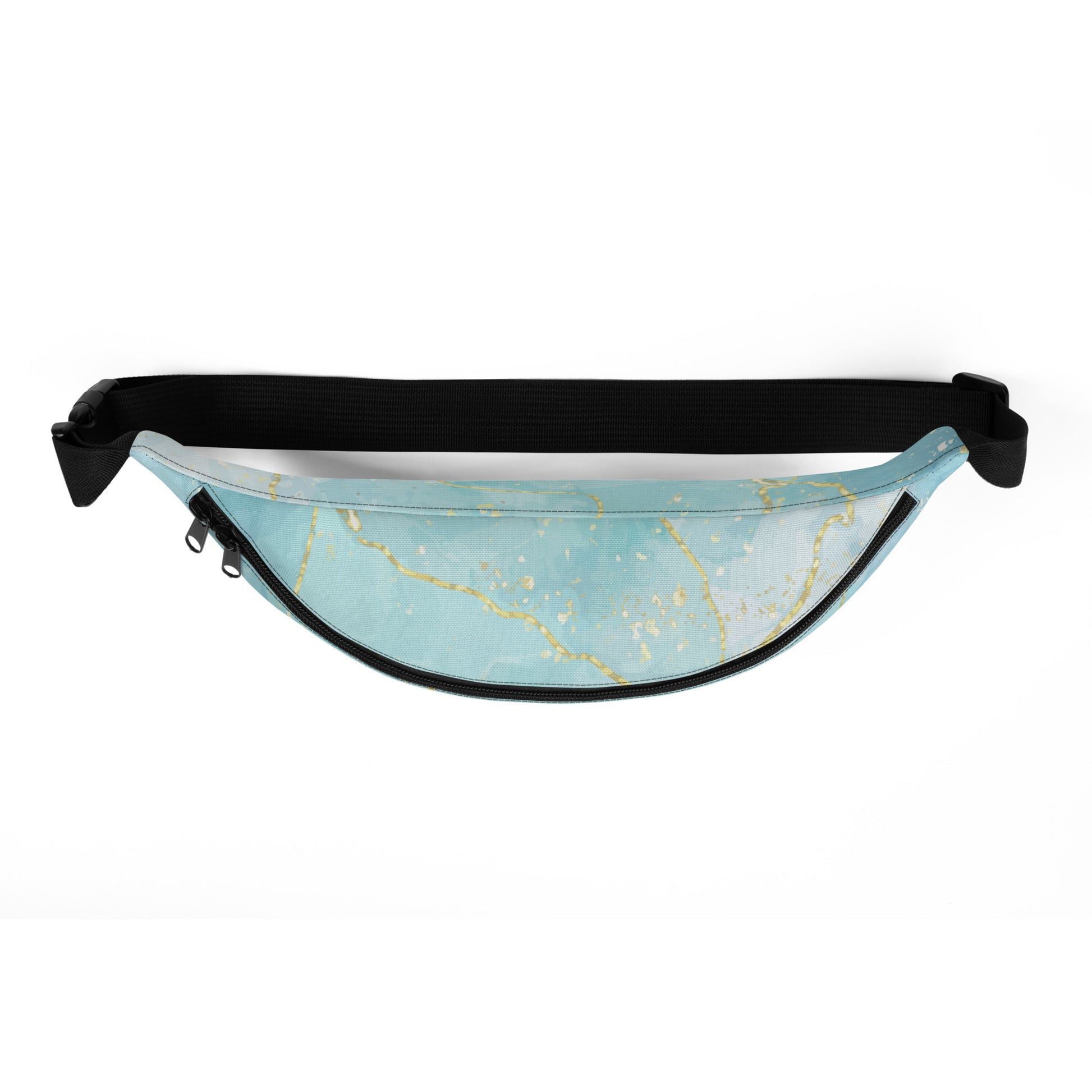 Top view of the Living Waters belt bag showing the zipper and adjustable strap