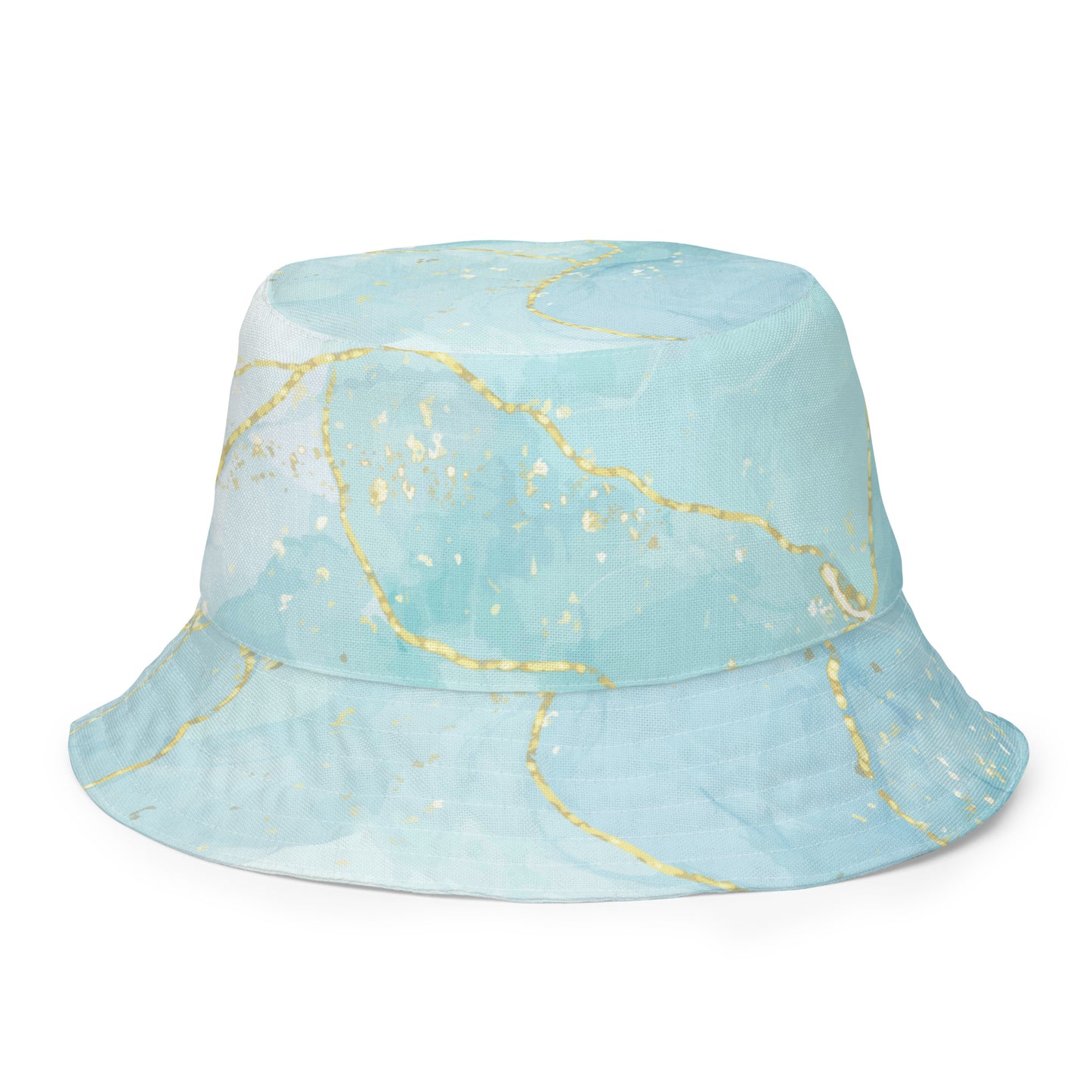 Back view of the Living Waters reversible bucket hat showing the turquoise and gold pattern.