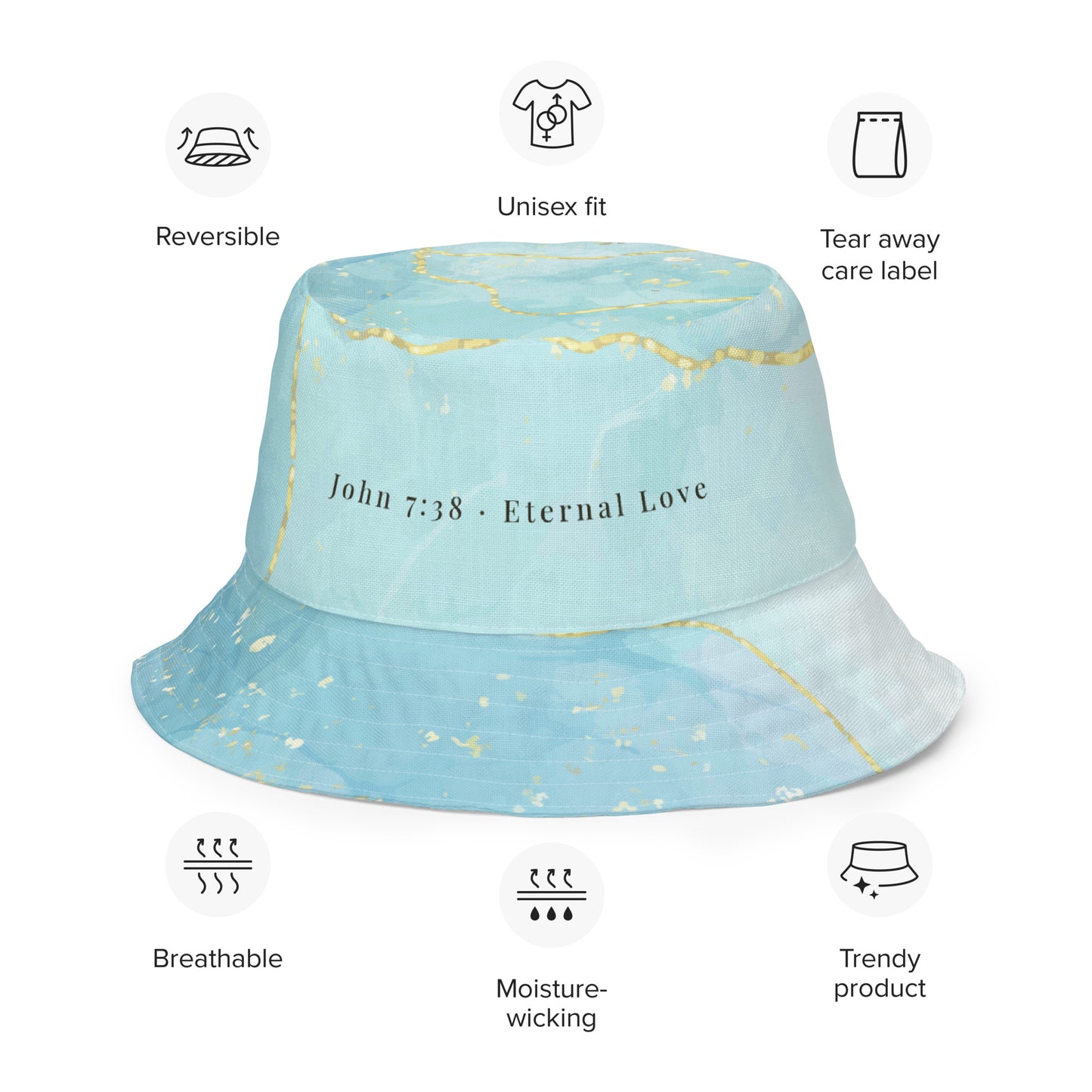 Living Waters reversible bucket hat with product feature icons: reversible, unisex fit, breathable, moisture-wicking.
