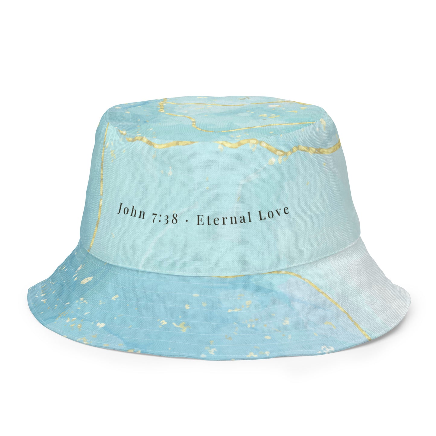 Living Waters reversible bucket hat with turquoise and gold design, John 7:38.