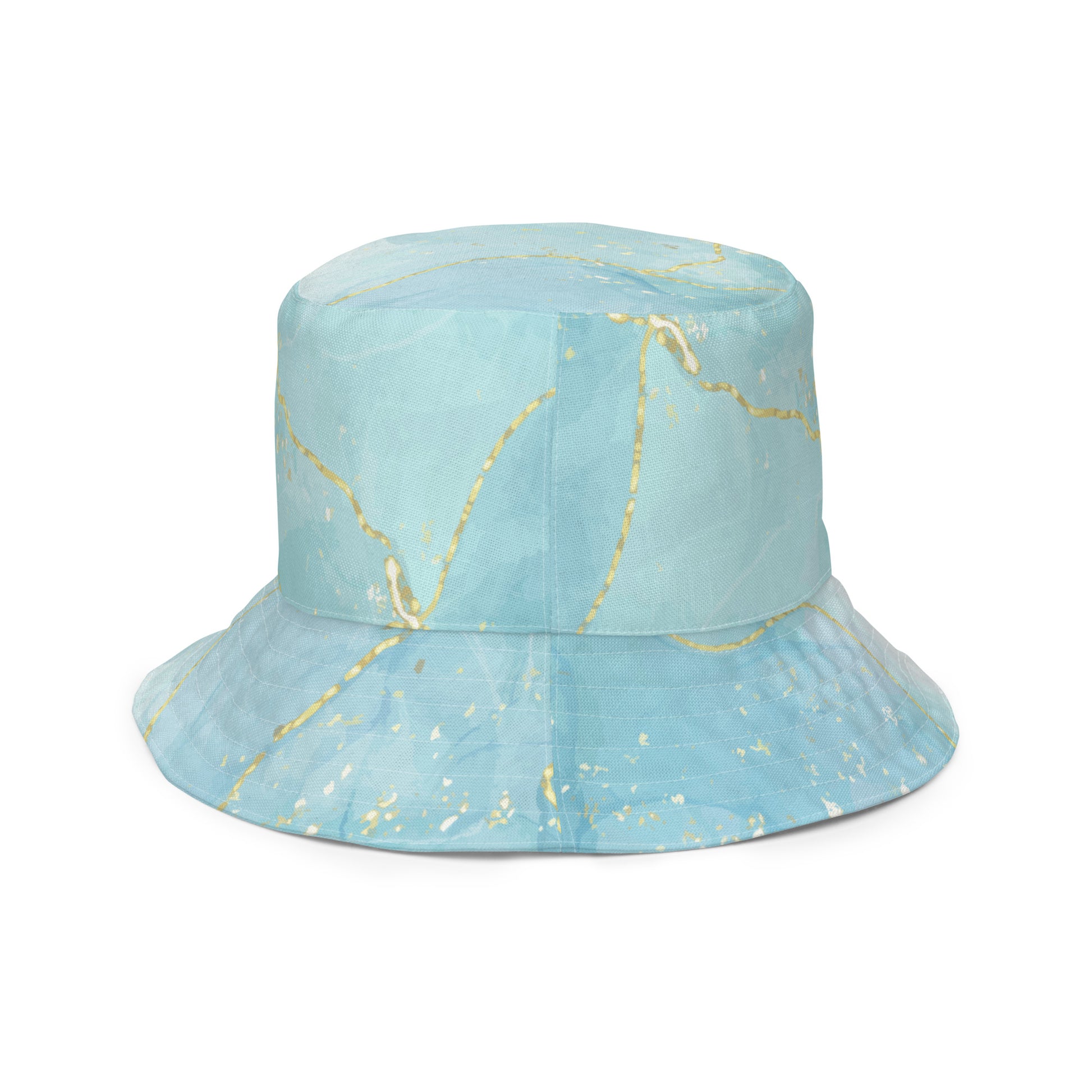Rear view of the Living Waters reversible bucket hat showing the turquoise and gold pattern.
