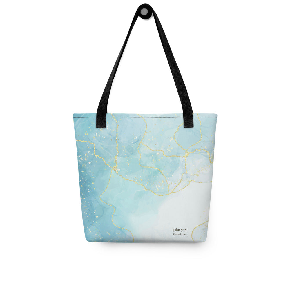 Living Waters tote bag with black handles, turquoise and gold design, John 7:38.