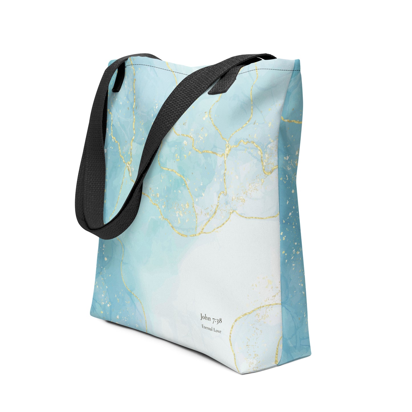 Living Waters tote bag with black handles, turquoise and gold design, John 7:38.
