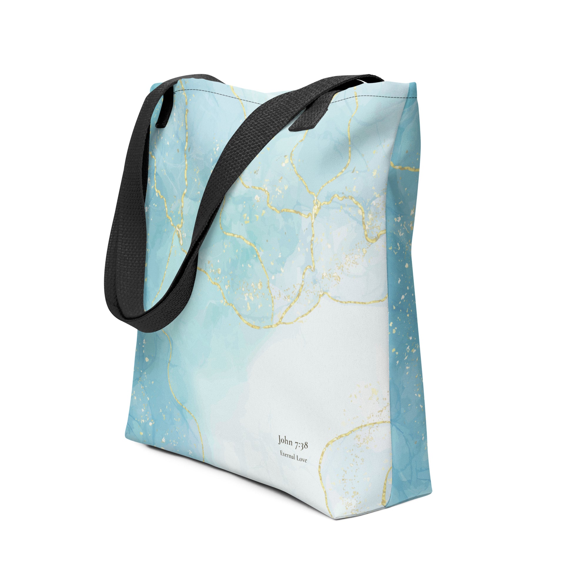 Living Waters tote bag with black handles, turquoise and gold design, John 7:38.
