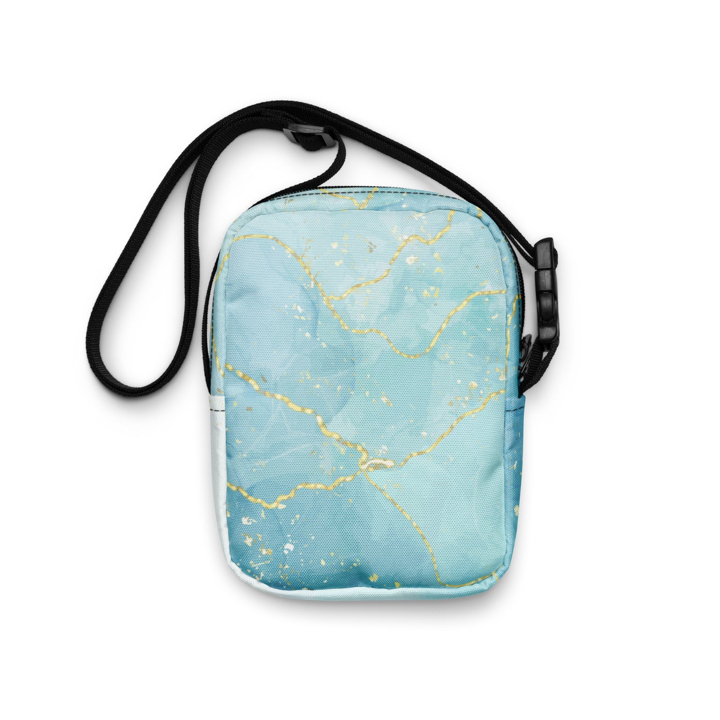 Back view of the Living Waters utility crossbody bag with turquoise and gold design.