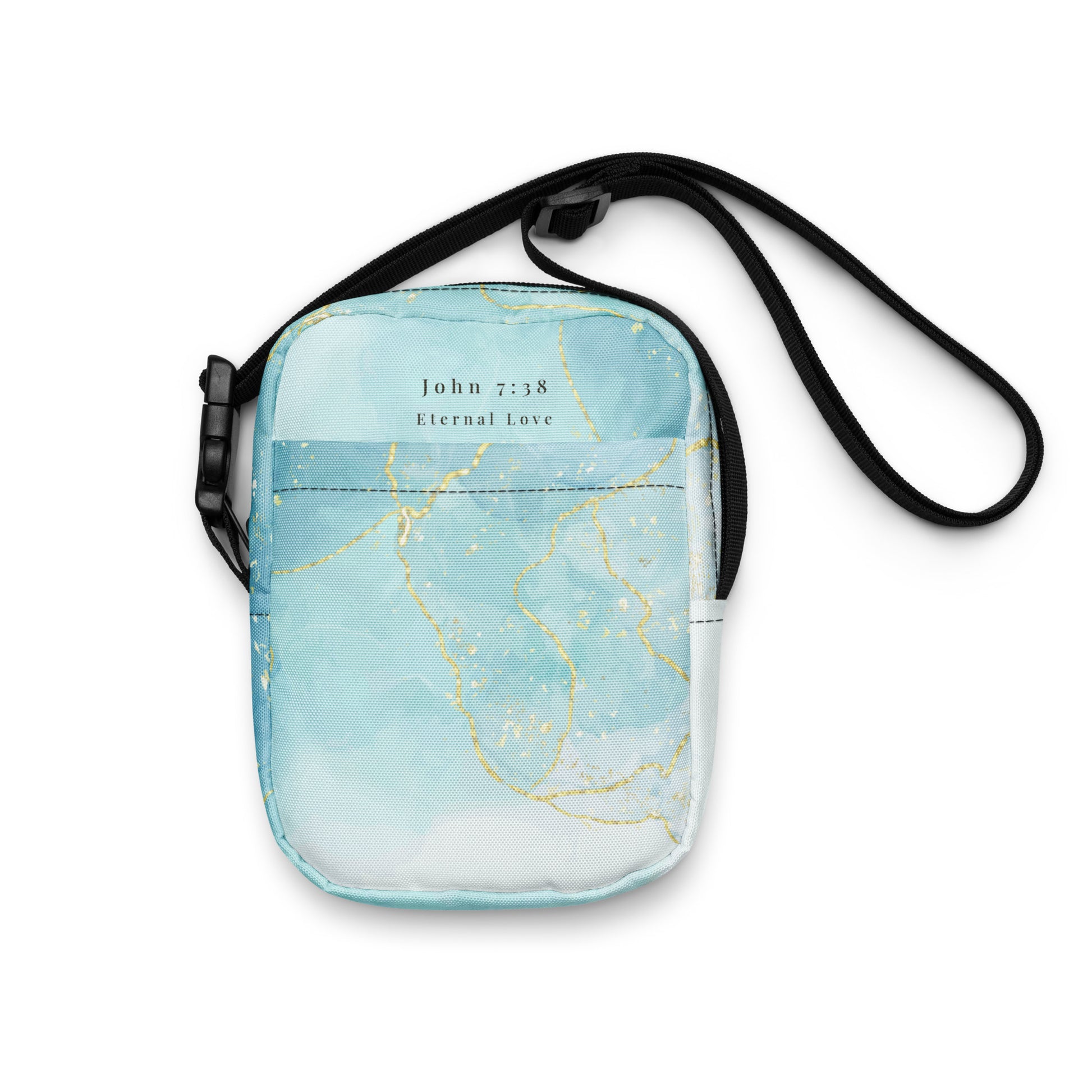 Living Waters utility crossbody bag with turquoise and gold design, John 7:38