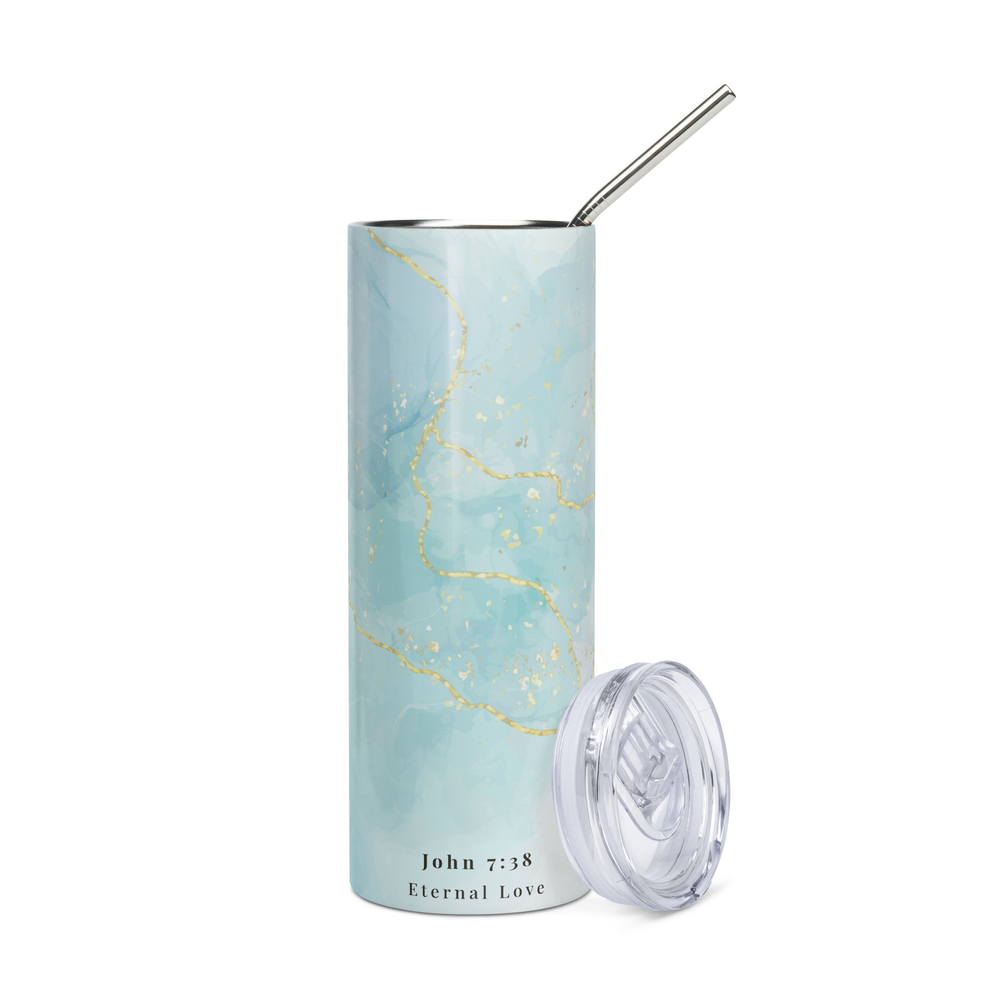 Tumbler with marble design and 'John 7:38 Eternal Love' text on a white background