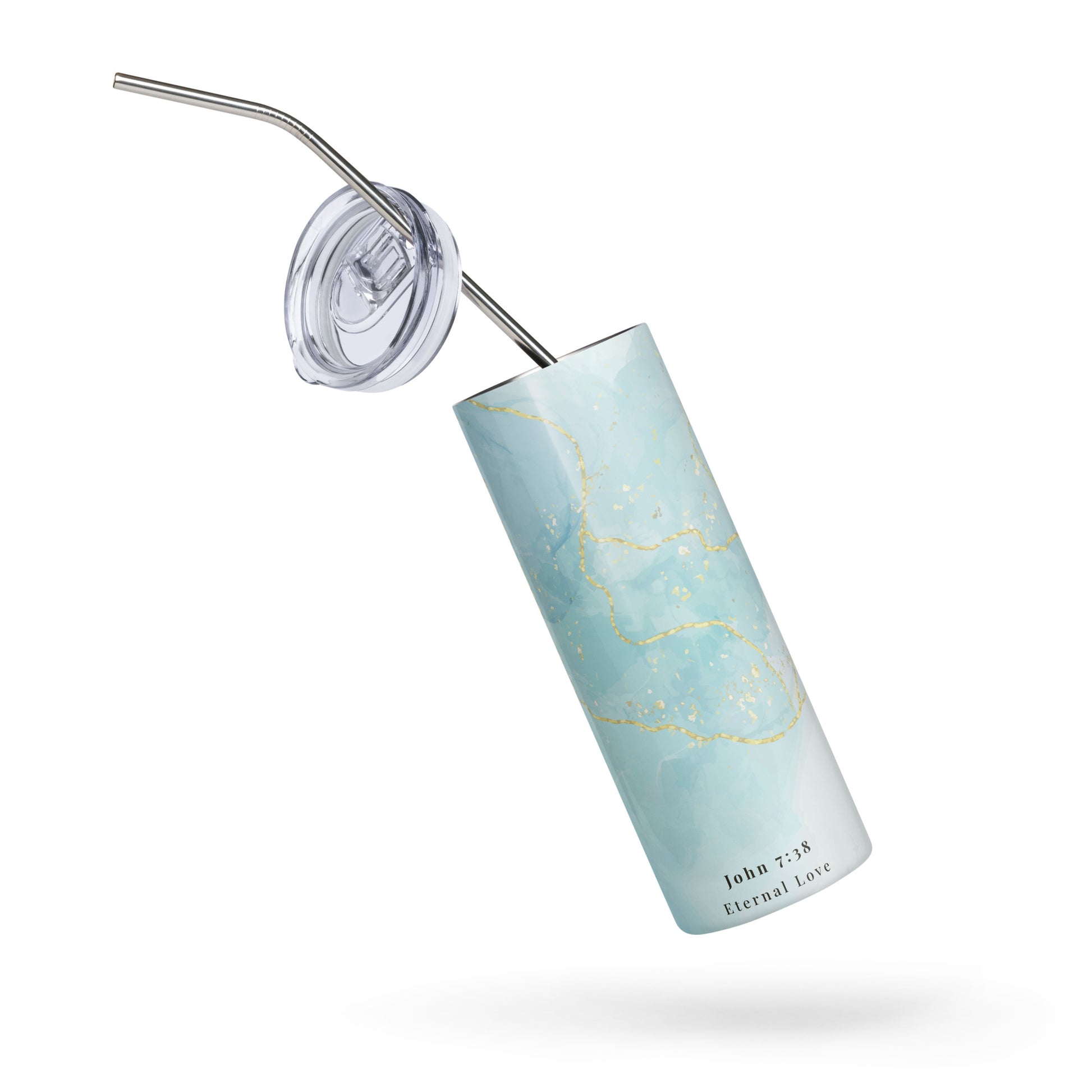Turquoise tumbler with gold marble pattern and straw on a white background