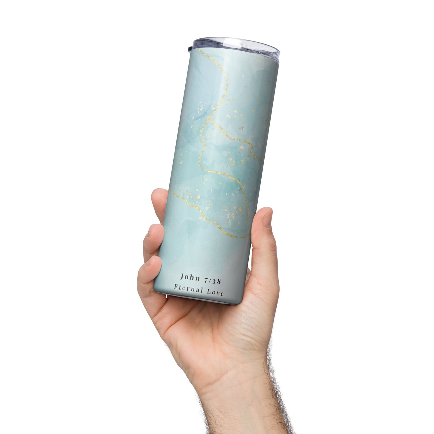 Hand holding a tumbler with a blue design and text on a white background