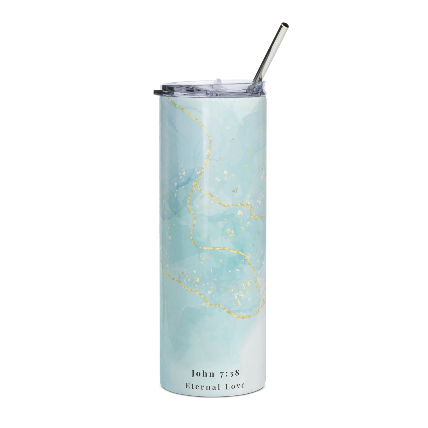 Living Waters stainless steel tumbler (20 oz) with straw, turquoise and gold design, John 7:38