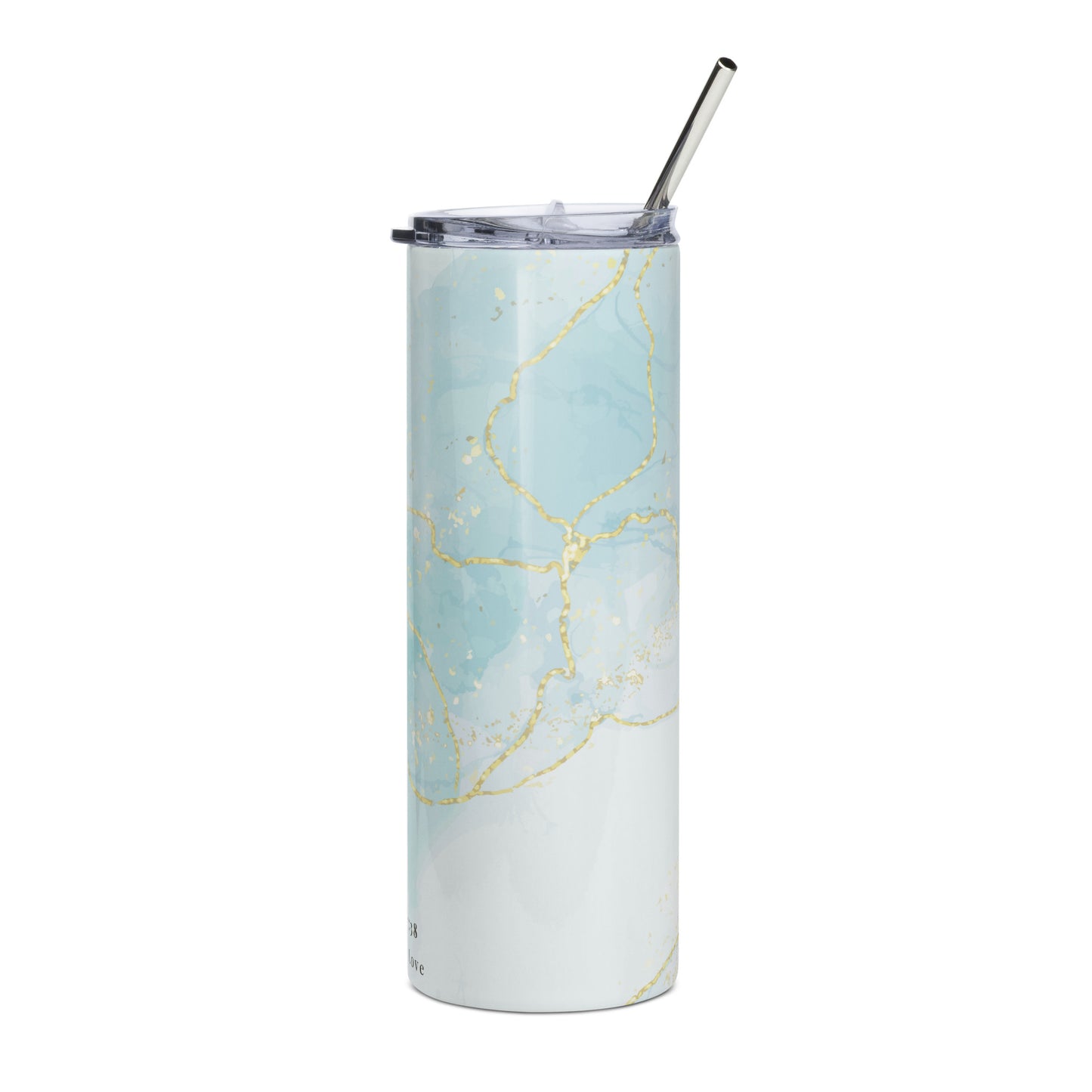 Side view of the Living Waters stainless steel tumbler (20 oz) with straw, turquoise and gold design.