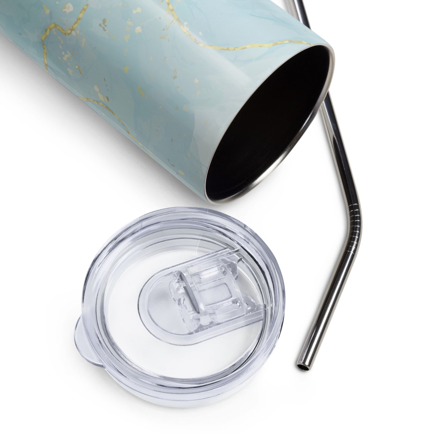 Pink patterned tumbler with a clear lid and metal straw on a white background