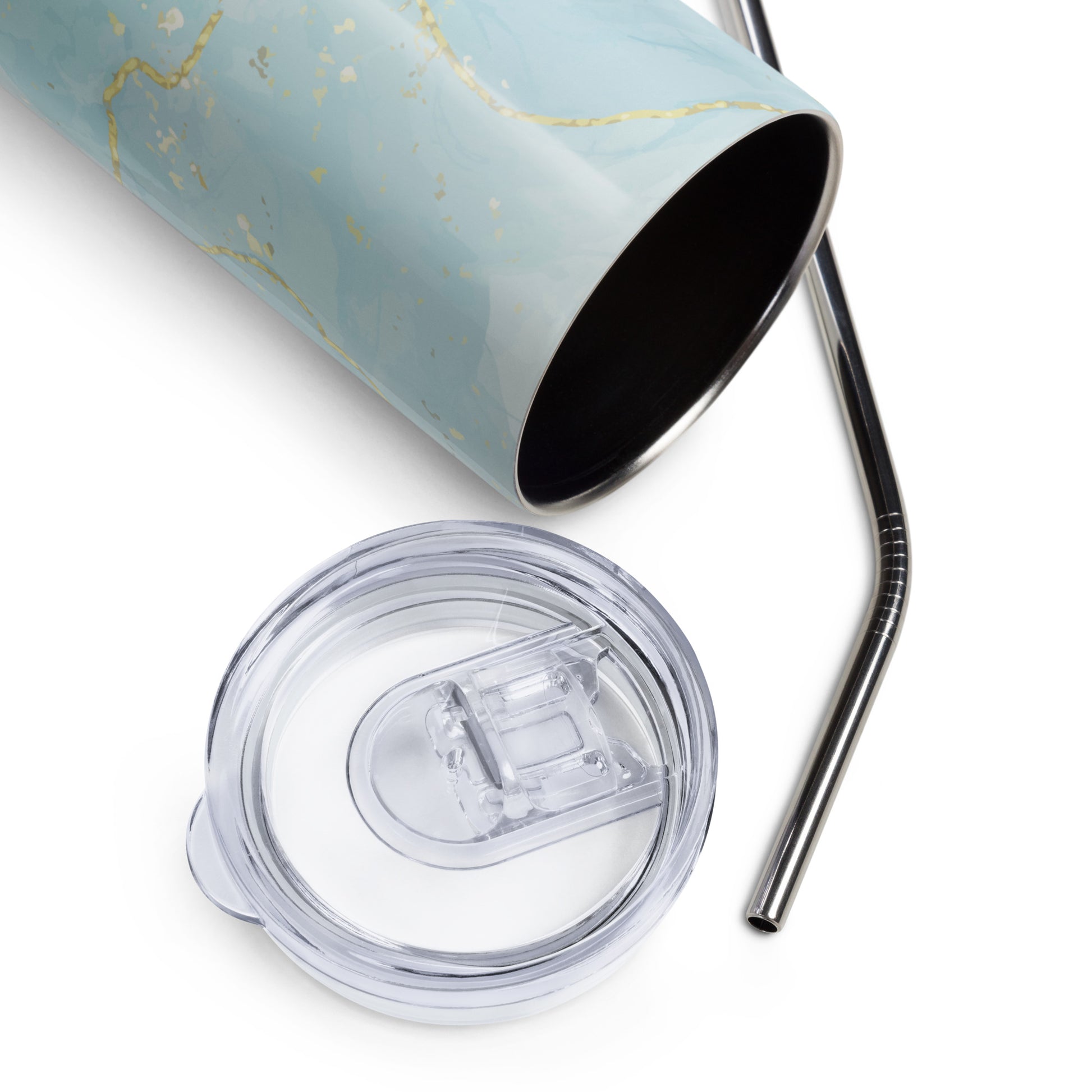 Pink patterned tumbler with a clear lid and metal straw on a white background