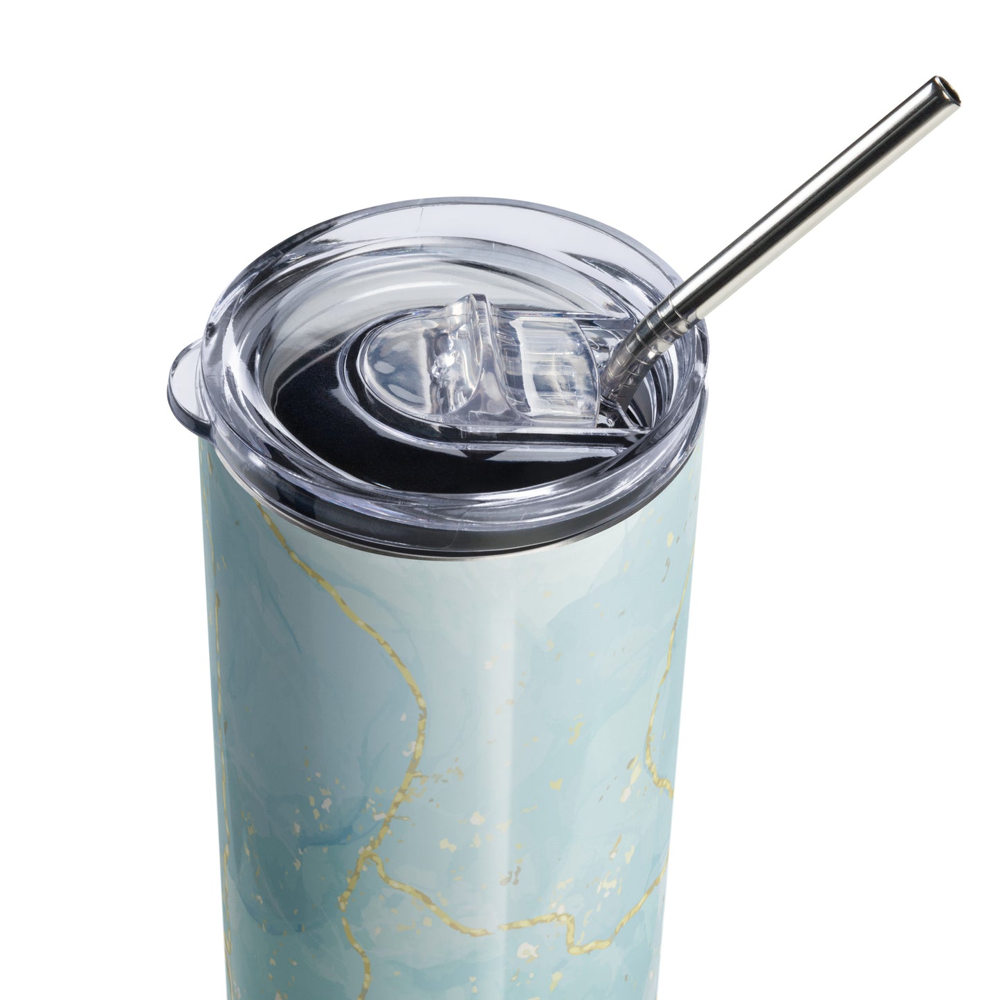 Marble-patterned tumbler with a straw on a white background