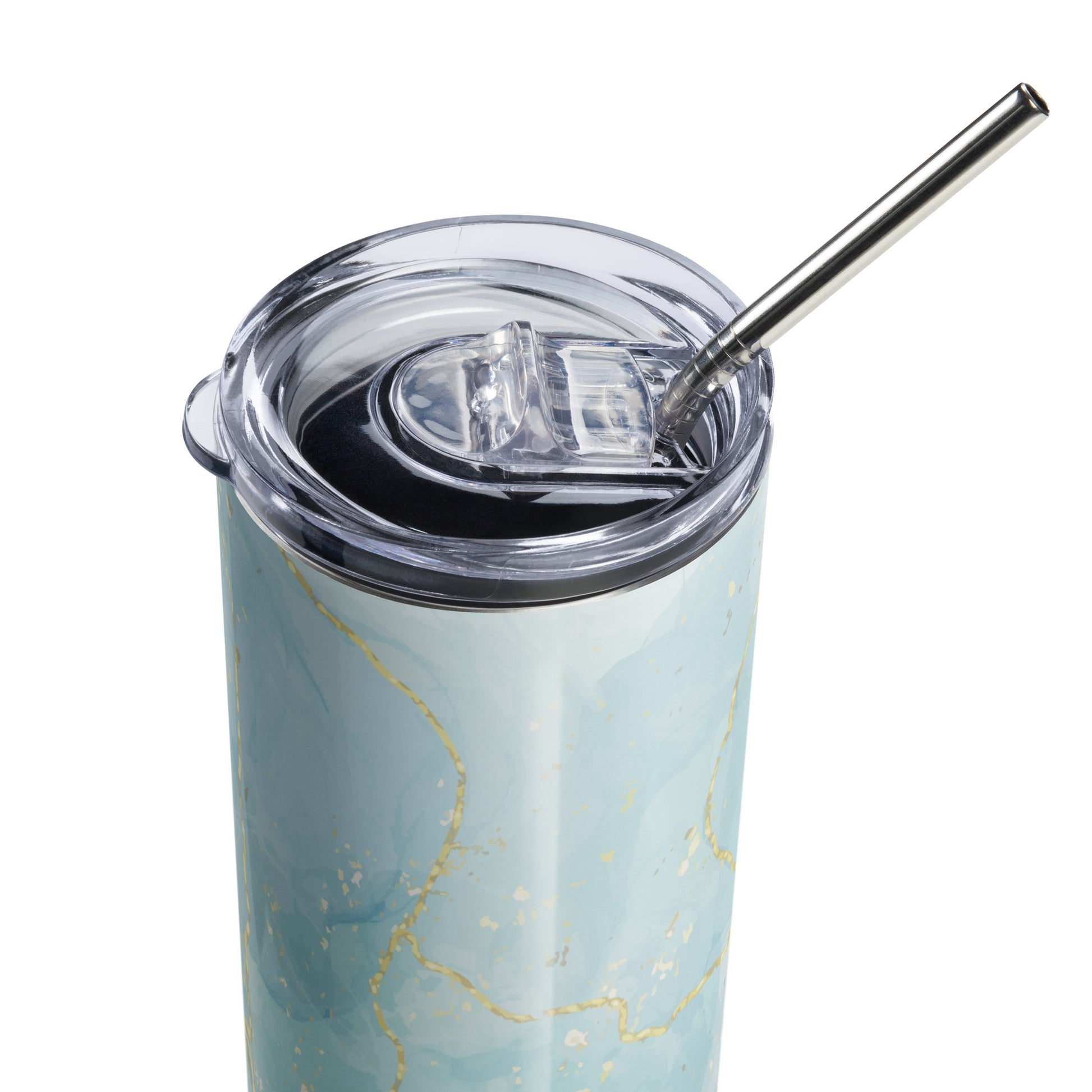 Marble-patterned tumbler with a straw on a white background