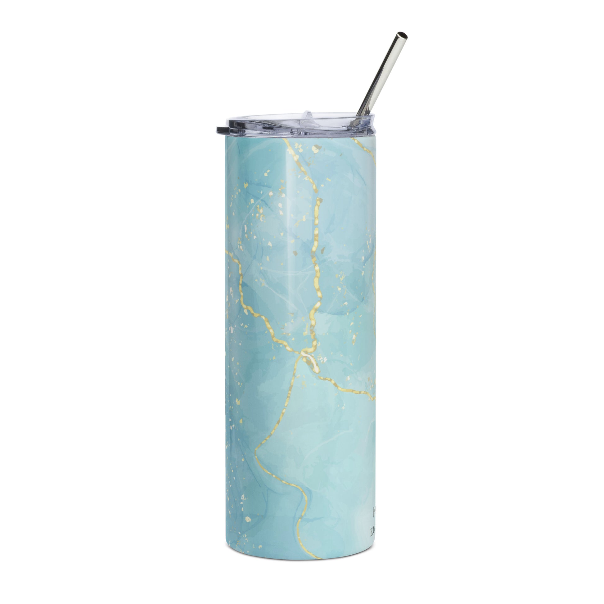 Angled view of the Living Waters stainless steel tumbler (20 oz) with straw, turquoise and gold design.