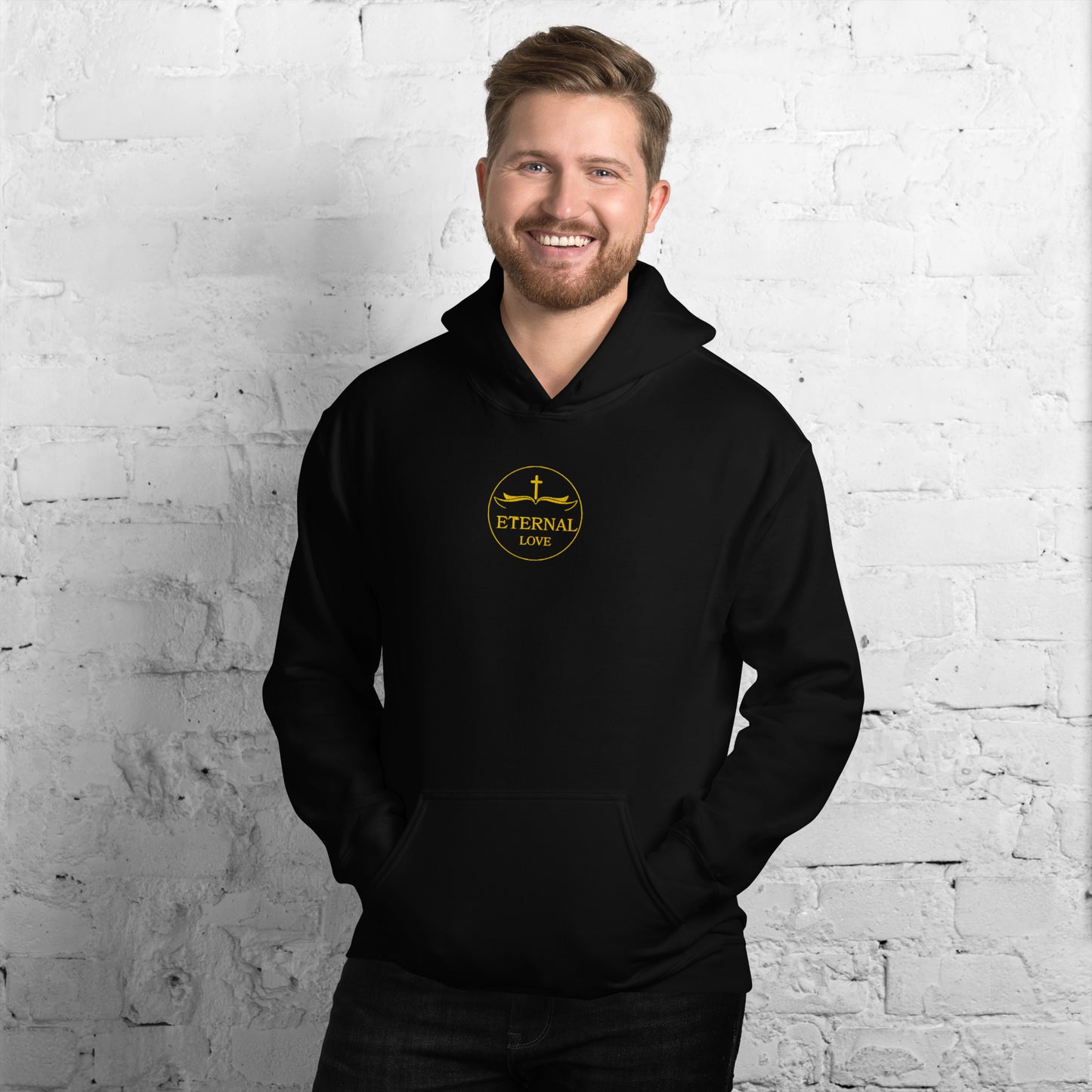 Eternal Love Cozy Hoodie in Black - Warm Christian Comfort Wear with Gold Cross Logo